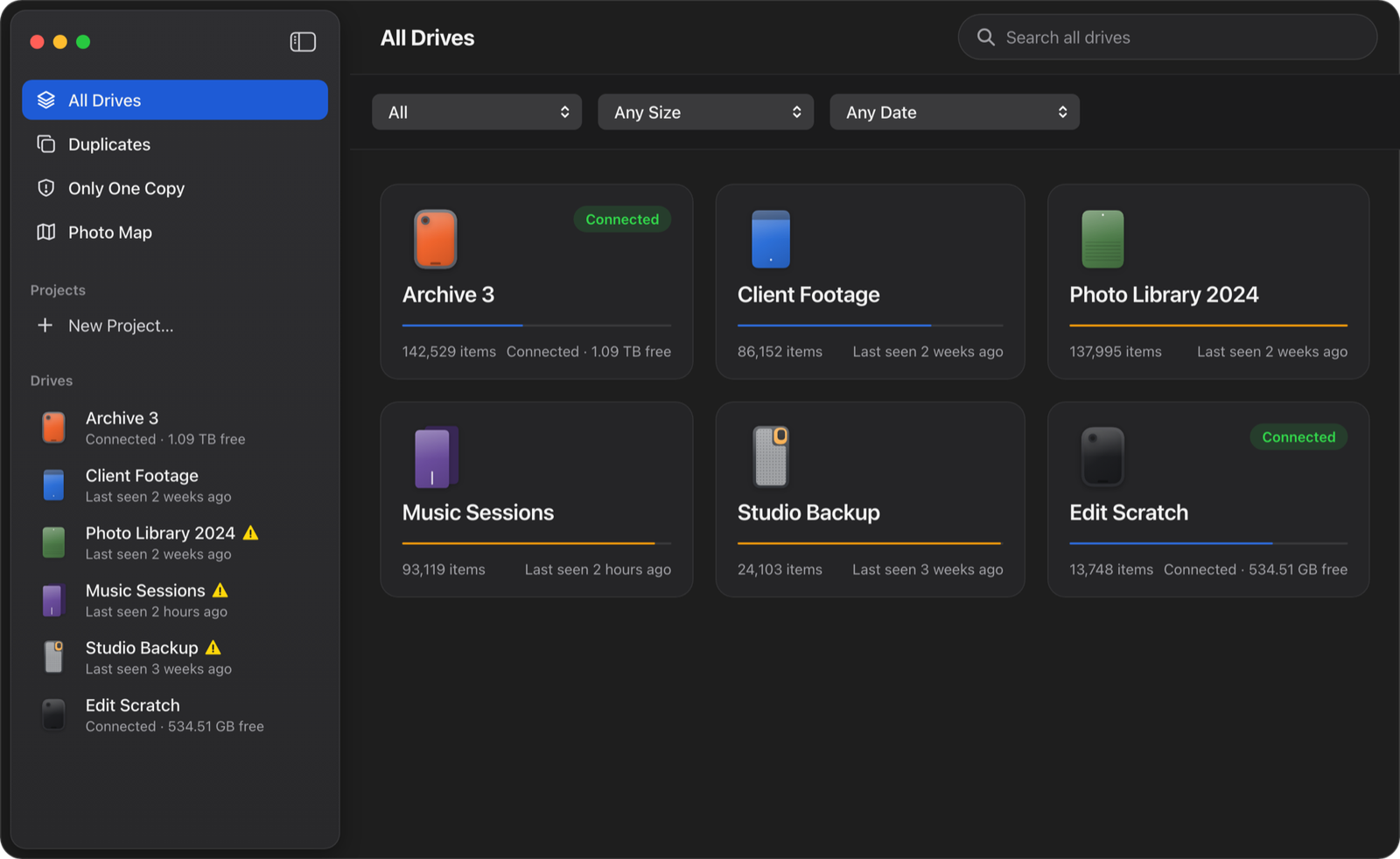 Drive Catalogue on a Mac: All Drives, six drives as cards with how full each is, two connected and four last seen days or weeks ago