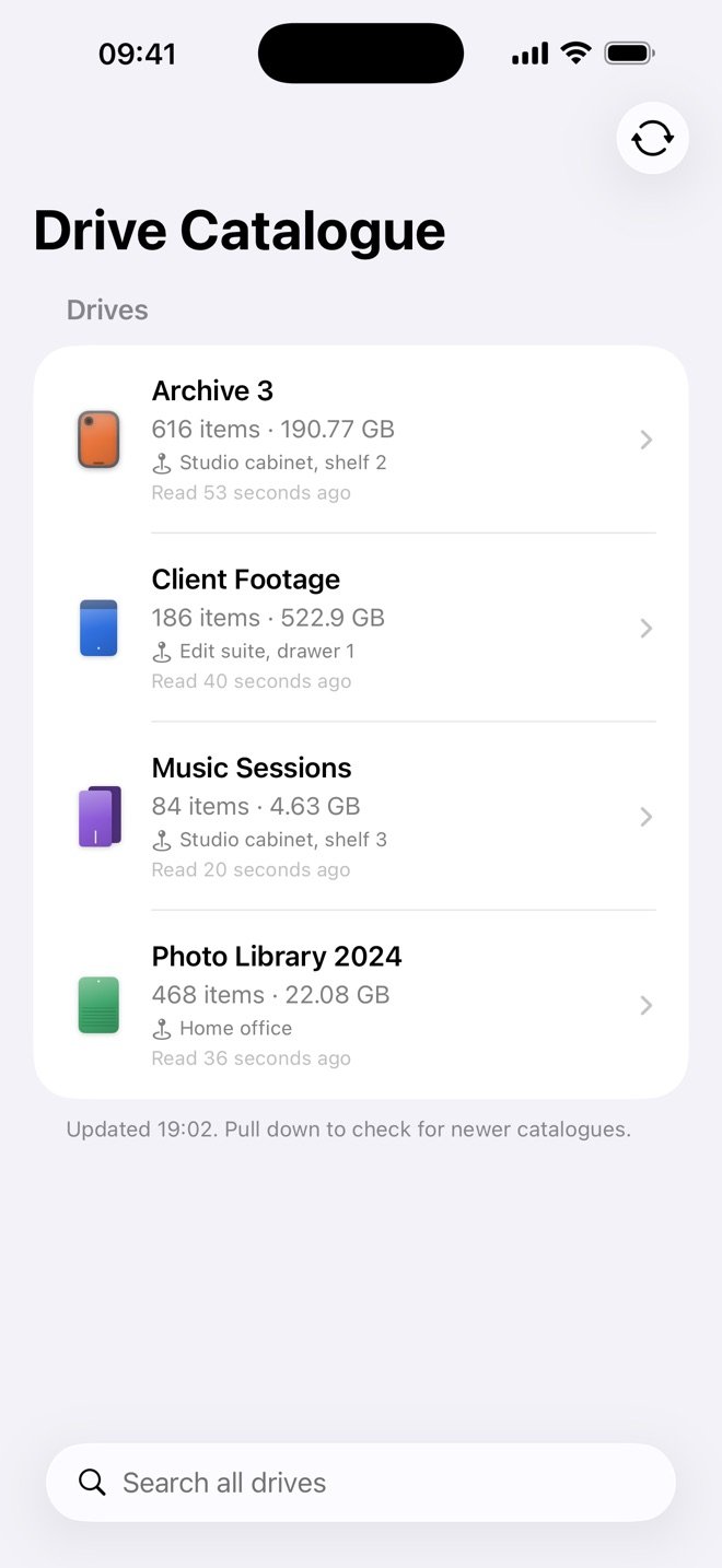 Drive Catalogue on iPhone: four drives, each with where it is kept, such as Studio cabinet, shelf 2