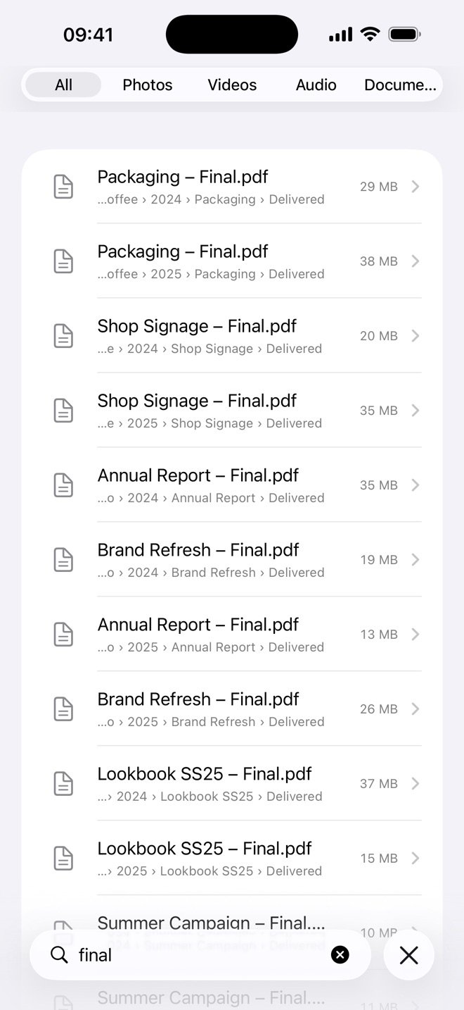 A search for "final" across every drive, each file with its folder and size