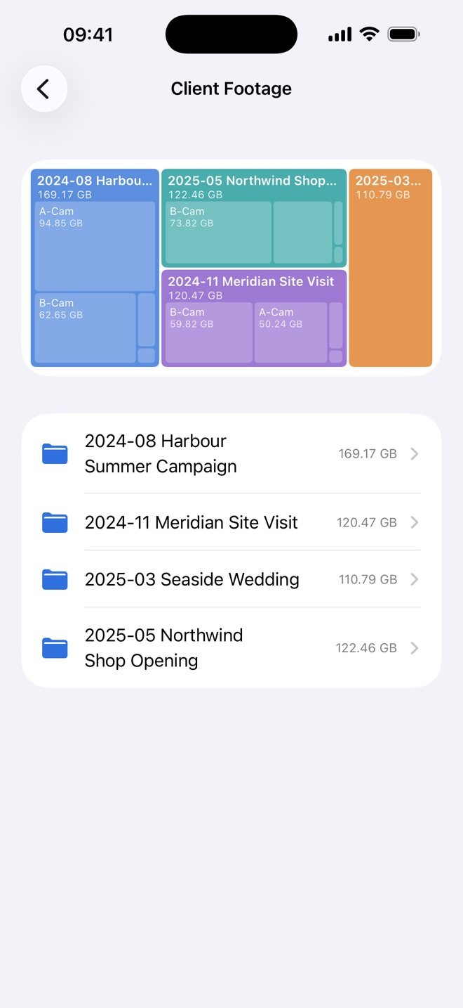 The Client Footage drive, unplugged: its folders as a map of what takes the space, and as a list with sizes