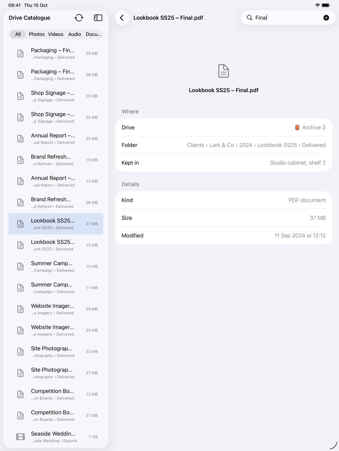 Drive Catalogue on iPad: a search for "Final", with Lookbook SS25 – Final.pdf found on Archive 3, in Clients › Lark & Co › 2024, kept in Studio cabinet, shelf 2