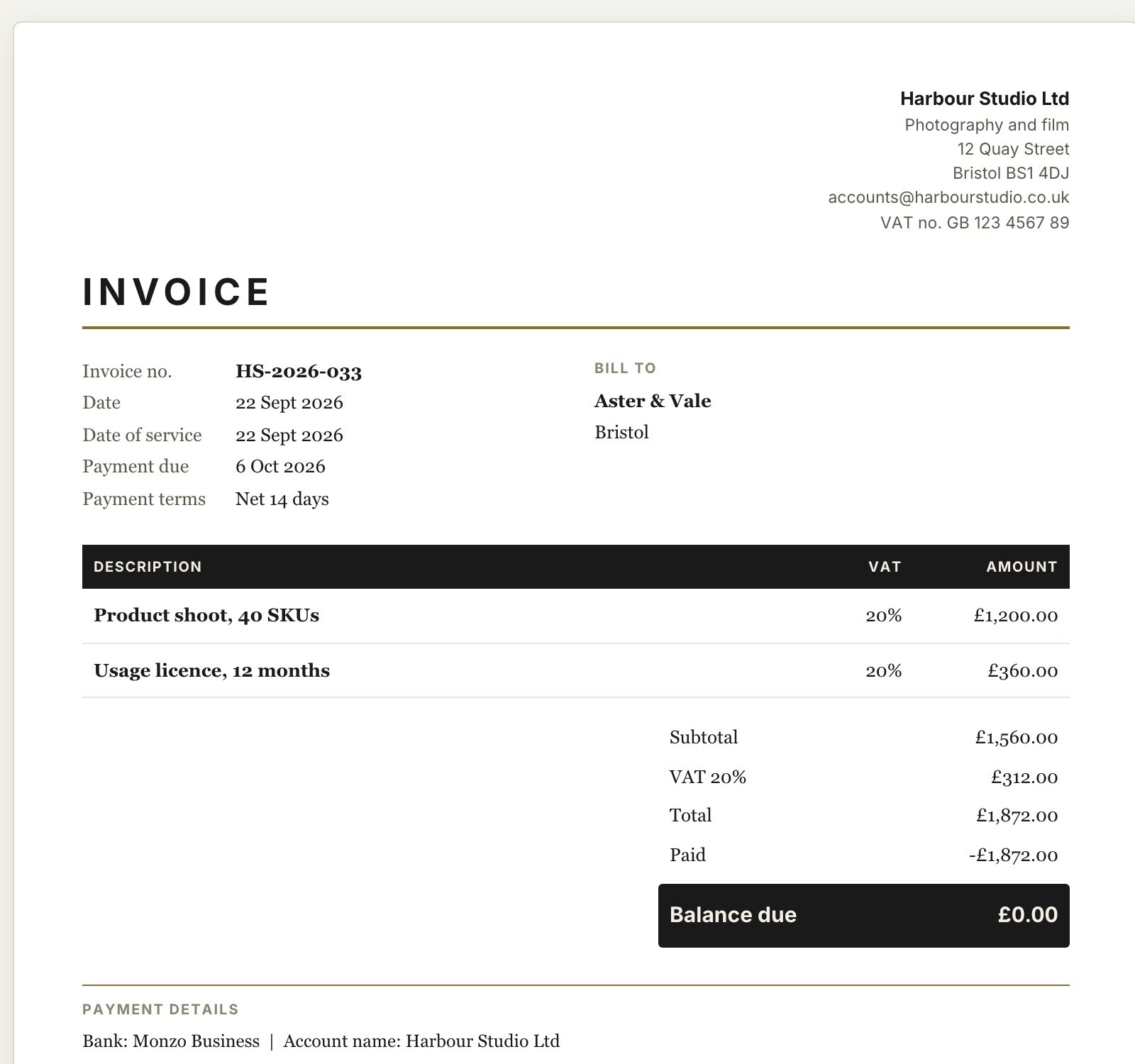 An issued invoice from Harbour Studio, fully paid