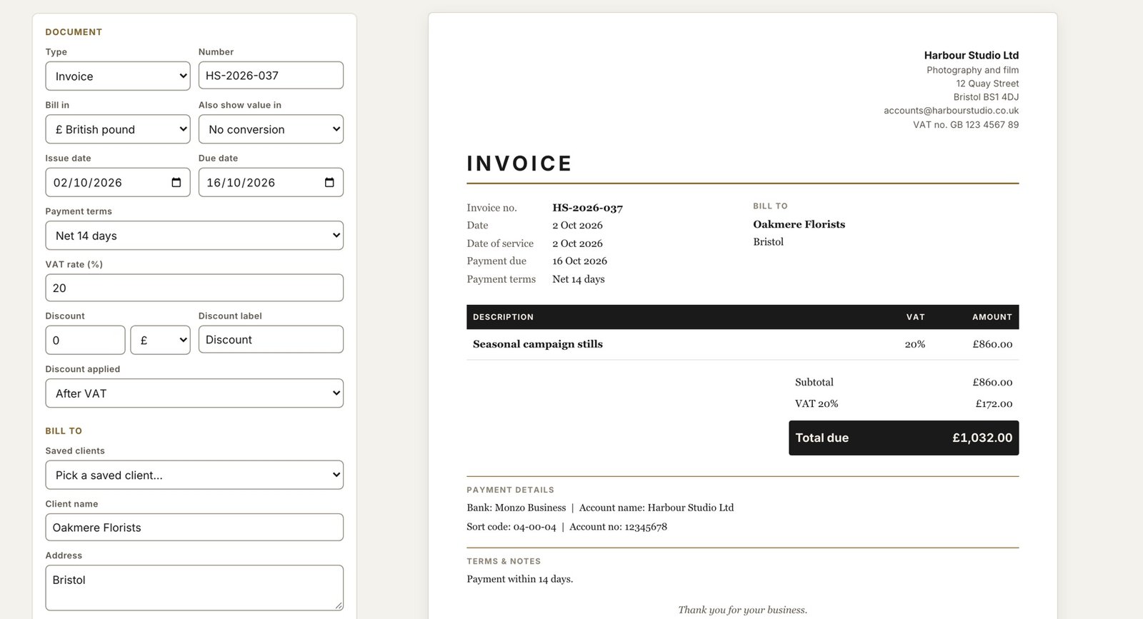 Making an invoice: a short form on the left, and the finished invoice on the right, updating as you type