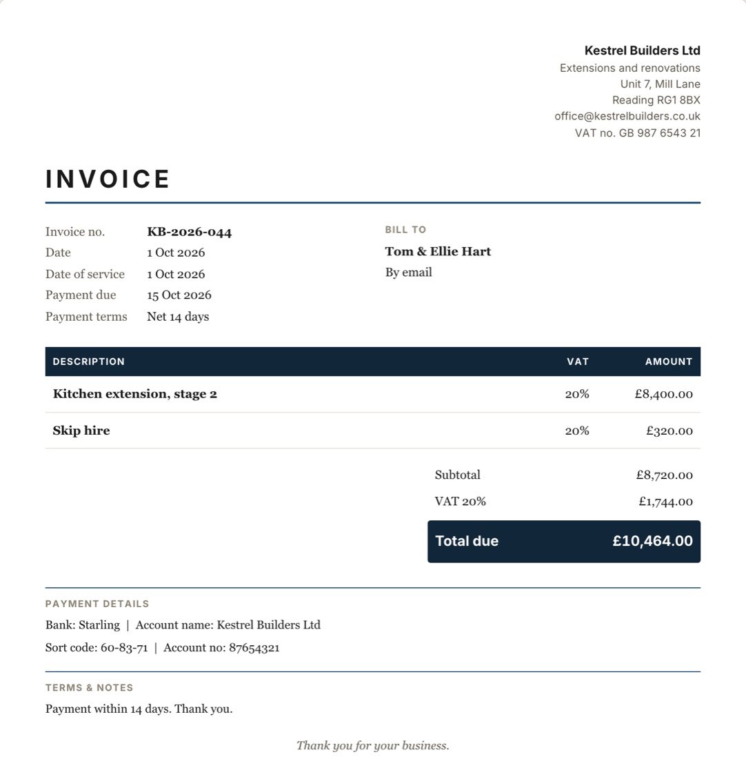 An invoice from Kestrel Builders in the Navy theme