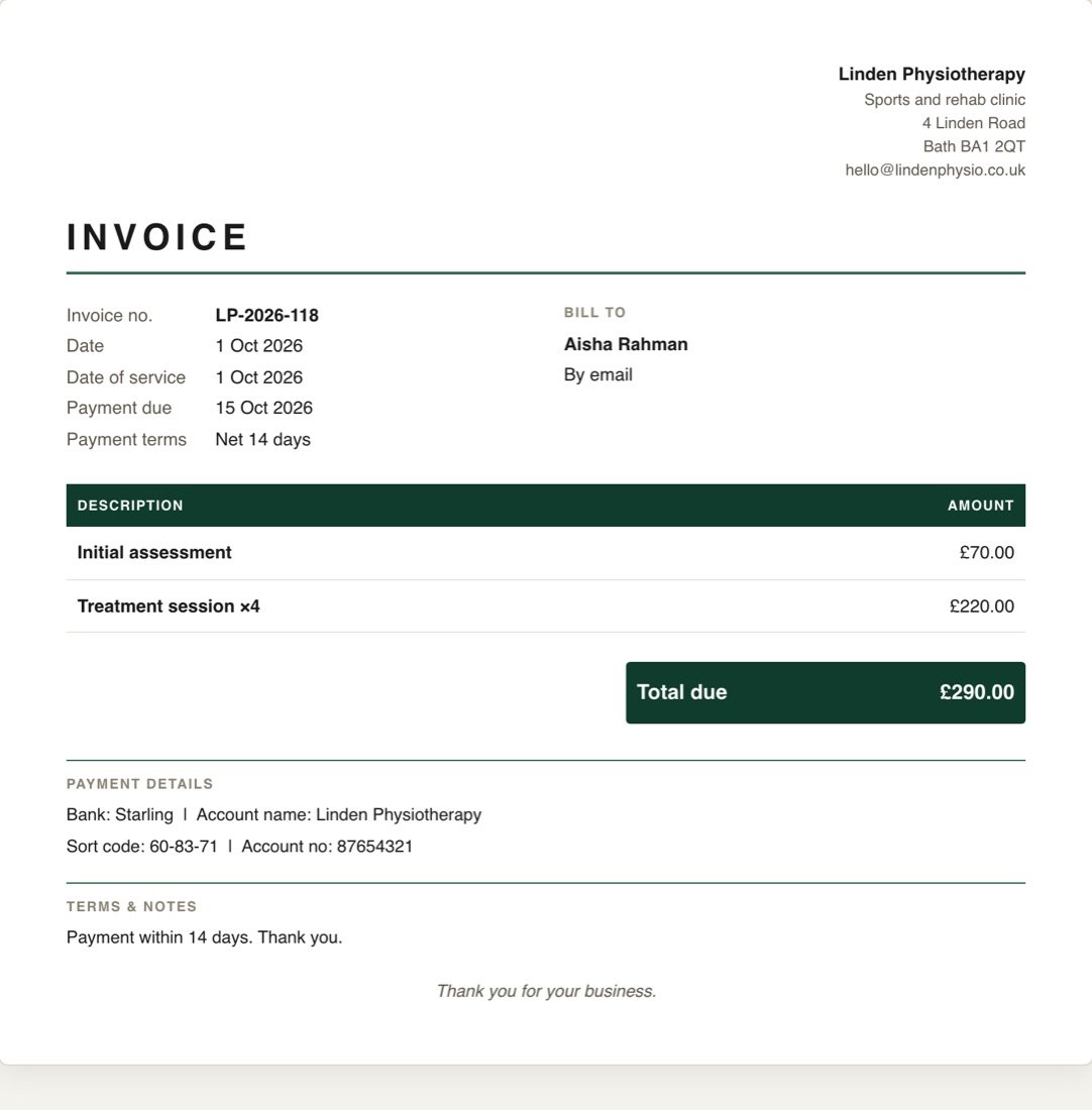 An invoice from Linden Physiotherapy in the green Forest theme