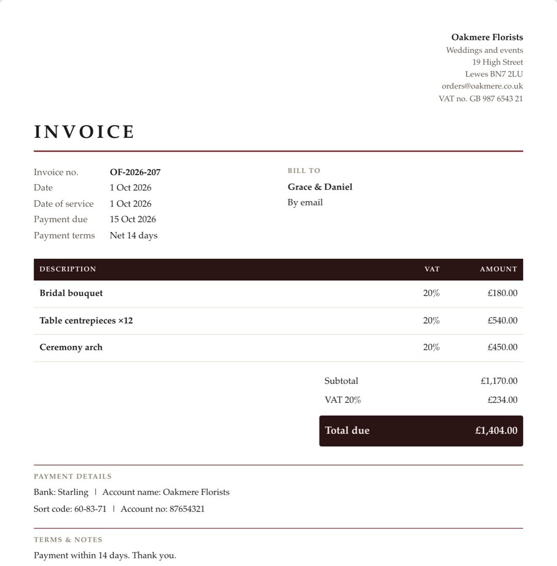 An invoice from Oakmere Florists in the Claret theme, set in Palatino