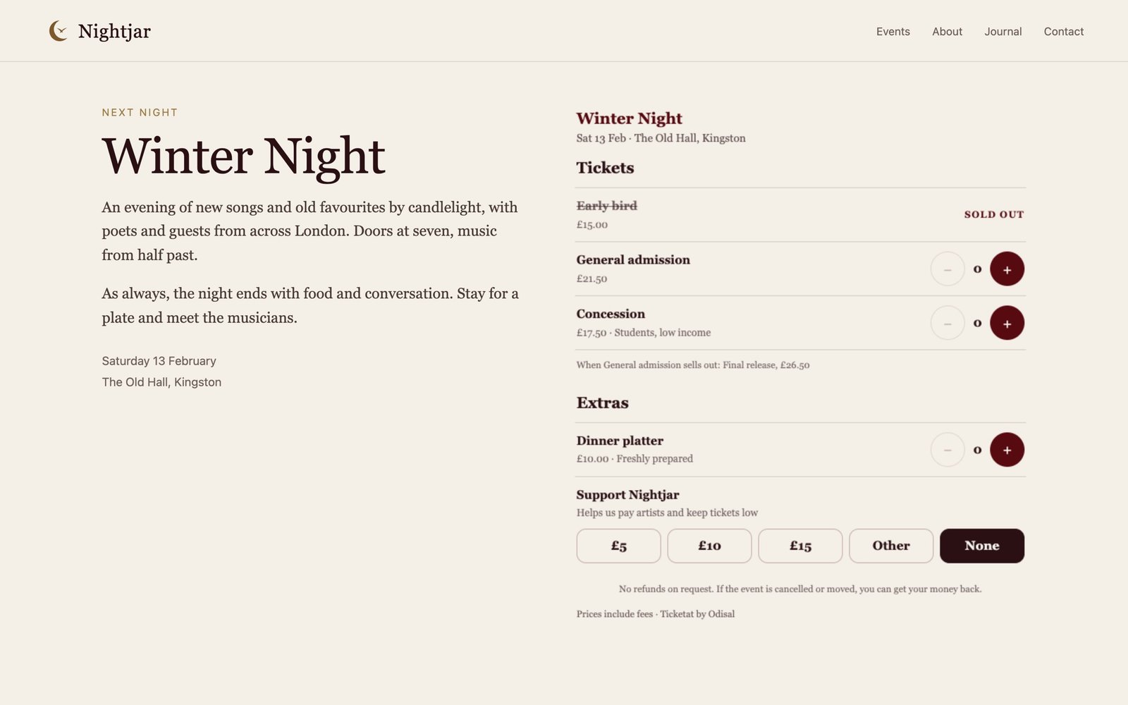 An organiser's own website with Ticketat's ticket picker inside it, in the site's serif font