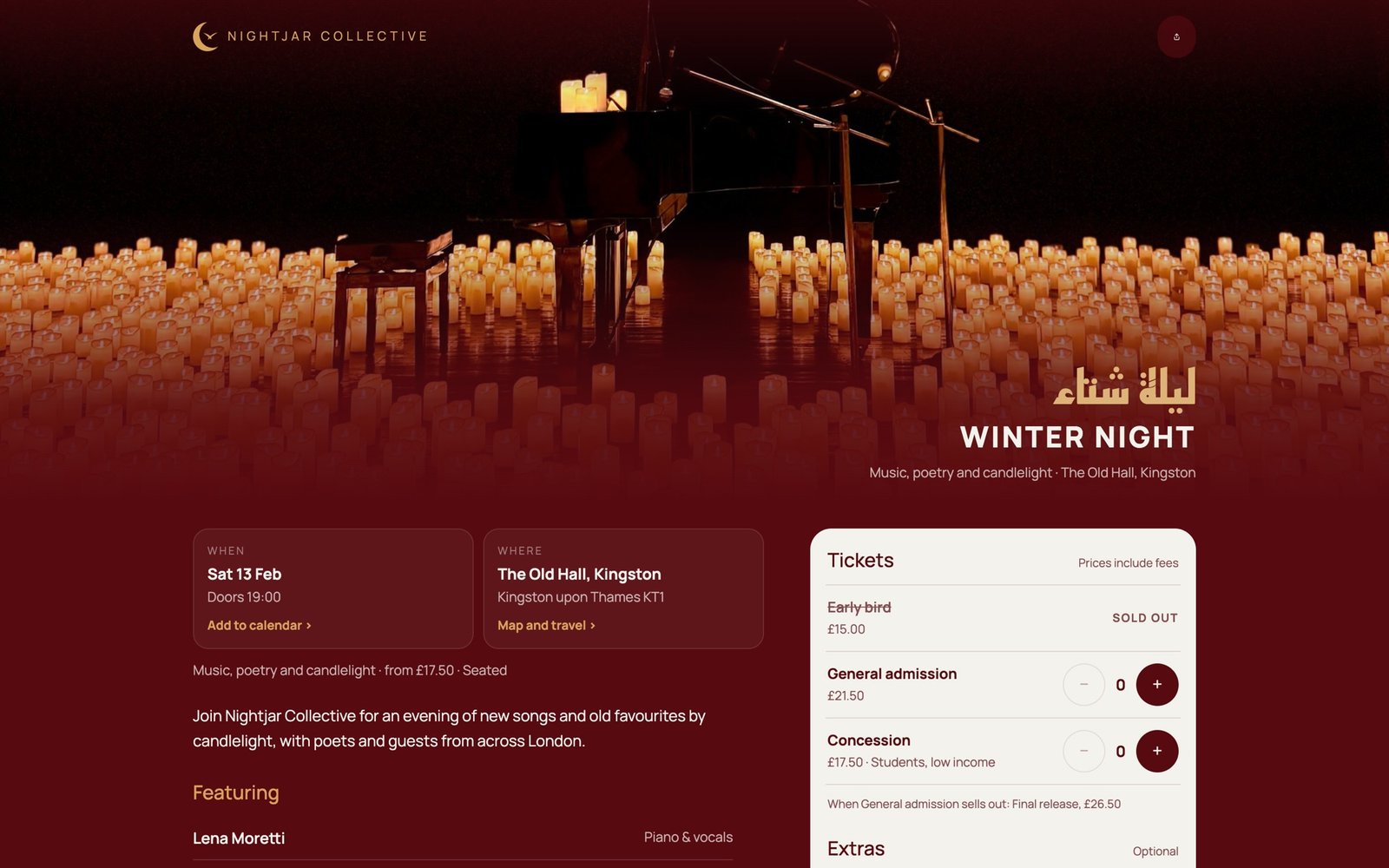 The event page on a laptop, with the line-up on the left and tickets on the right