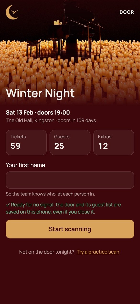 The door app for Winter Night: 59 tickets, 25 guests, 12 extras, ready for no signal