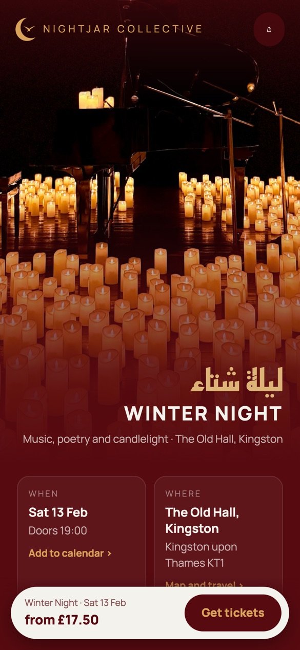 An organiser's event page on a phone: Winter Night, Sat 13 Feb, The Old Hall, Kingston