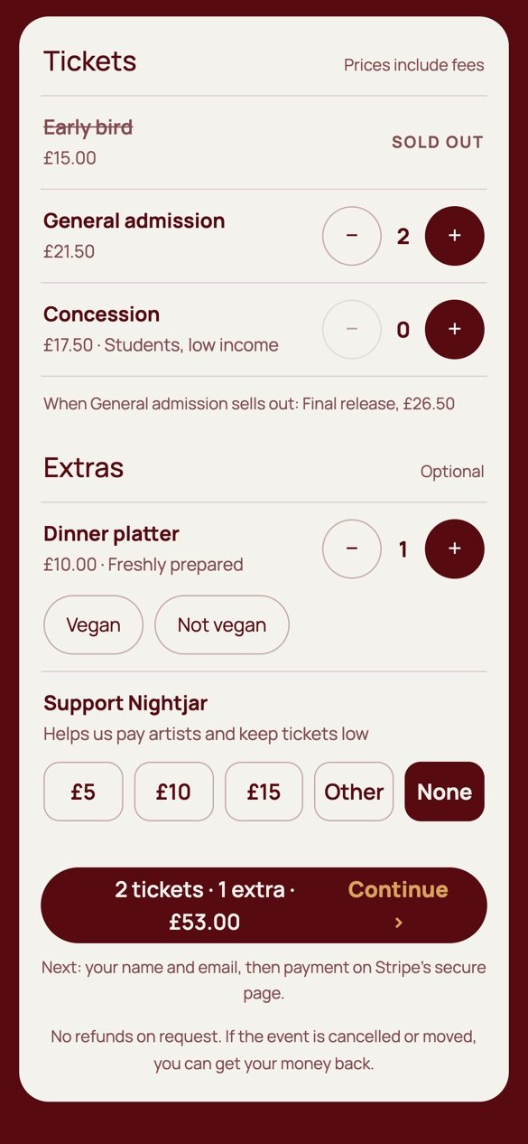Choosing tickets: two General admission and a dinner platter, £53
